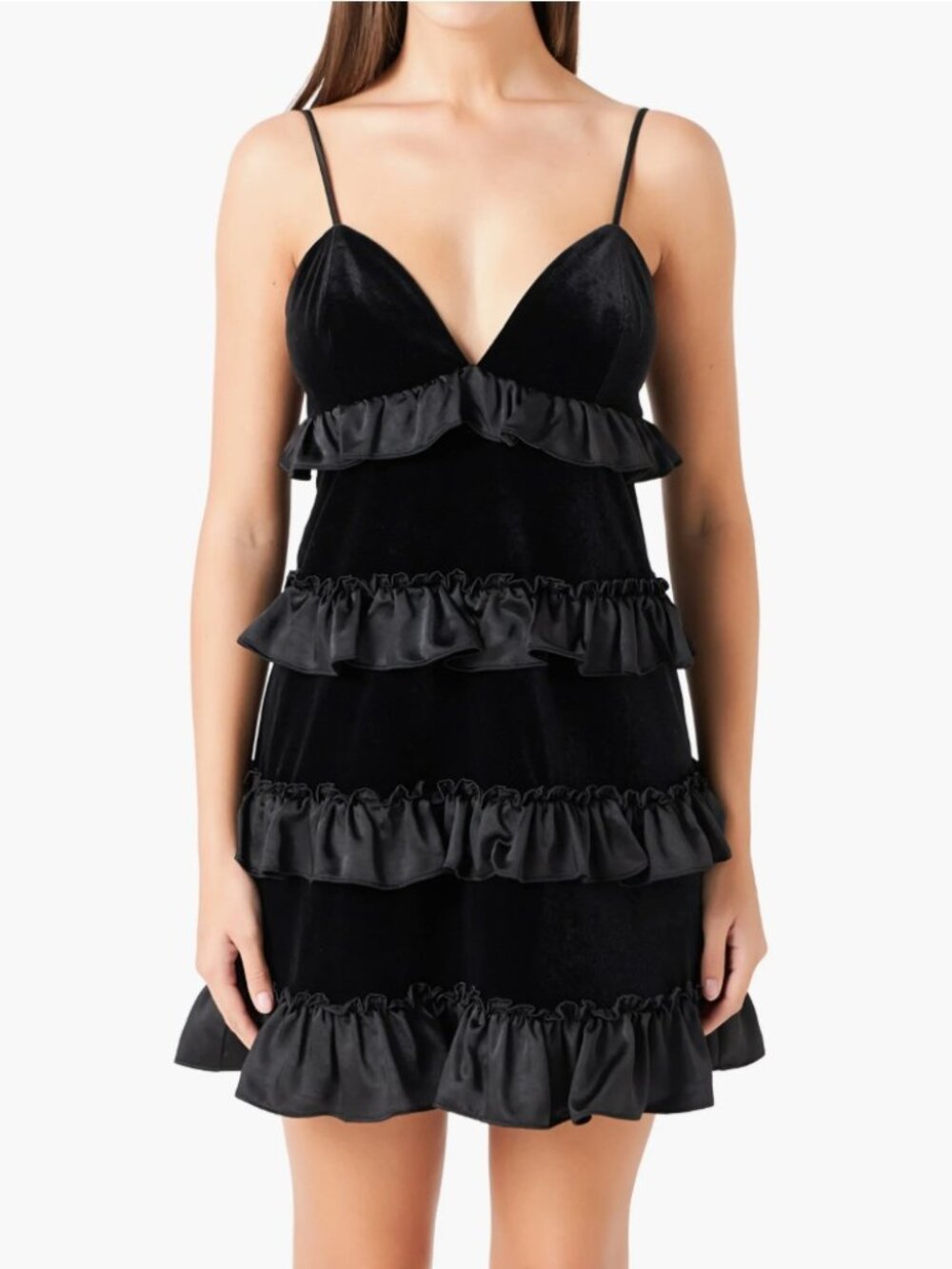 Endless Rose Tiered Satin Ruffle Black Velvet Minidress